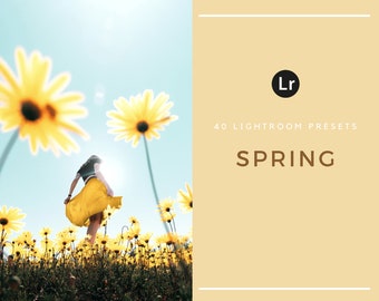 Puede incluir: Una mujer con una falda amarilla camina por un campo de flores amarillas. La imagen es una gráfica promocional para 40 ajustes preestablecidos de Lightroom para la primavera.