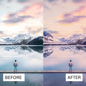 以下が含まれることがあります： 色調補正の違いを示す、ビフォーアフターの画像です。ビフォー画像は、静かな湖に映る山脈と、木製の桟橋に立っている人物が写っています。アフター画像は、同じシーンで、より暖色系のカラーパレットになっています。