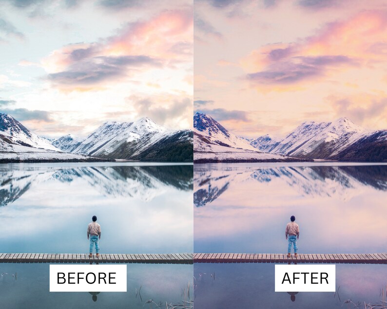 以下が含まれることがあります： 色調補正の違いを示す、ビフォーアフターの画像です。ビフォー画像は、静かな湖に映る山脈と、木製の桟橋に立っている人物が写っています。アフター画像は、同じシーンで、より暖色系のカラーパレットになっています。