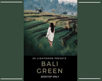 May include: A digital product listing for 50 Lightroom presets titled BALI GREEN DESKTOP ONLY. The image features a person in a white shirt standing in a lush green terraced rice field landscape with a soft, moody, and atmospheric aesthetic.