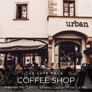 May include: Exterior shot of a coffee shop with the text "urban bist" above the entrance. The image shows people seated at tables under umbrellas. The text "40 LUTS PACK COFFEE SHOP" is displayed at the bottom, along with editing software names.