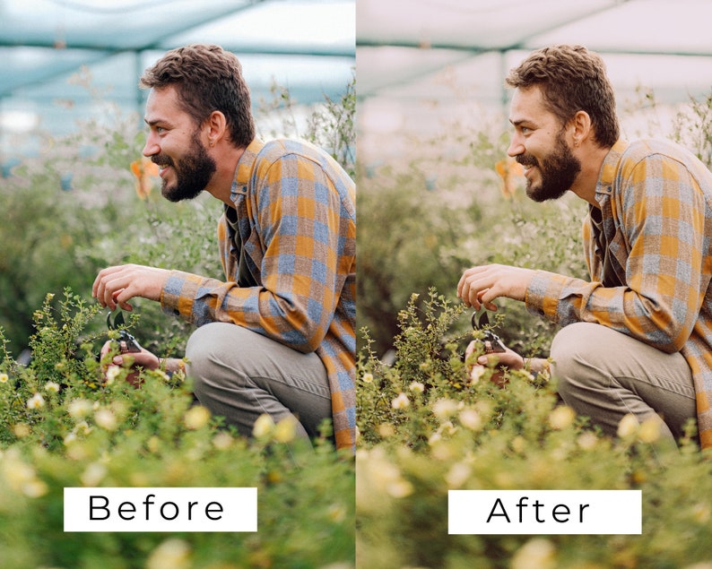 Puede incluir: Un hombre con una camisa a cuadros amarilla y azul est&aacute; arrodillado en un jard&iacute;n, sonriendo y mirando hacia la derecha. Est&aacute; sosteniendo una peque&ntilde;a planta verde en su mano.