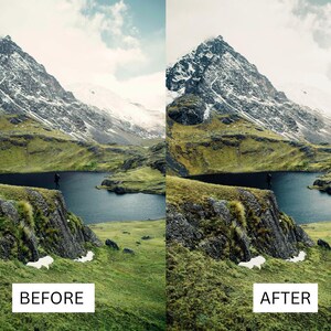 Puede incluir: Un paisaje esc&eacute;nico con una monta&ntilde;a nevada, un lago sereno y exuberante vegetaci&oacute;n verde. La imagen est&aacute; dividida, con el texto "ANTES" y "DESPU&Eacute;S" en la parte inferior, mostrando una comparaci&oacute;n de edici&oacute;n de fotos.