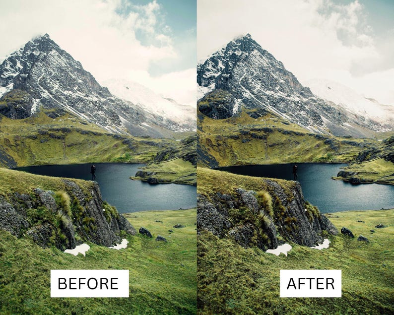 Puede incluir: Un paisaje esc&eacute;nico con una monta&ntilde;a nevada, un lago sereno y exuberante vegetaci&oacute;n verde. La imagen est&aacute; dividida, con el texto "ANTES" y "DESPU&Eacute;S" en la parte inferior, mostrando una comparaci&oacute;n de edici&oacute;n de fotos.