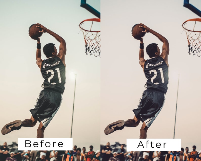 Op de afbeelding: Een basketballer in een zwart shirt met nummer 21 op de rug springt om een basketbal te dunken. De speler is in de lucht met zijn rug naar de camera. De speler staat voor een menigte mensen.