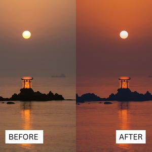Puede incluir: Imagen comparativa de un atardecer sobre el oc&eacute;ano. La imagen 'antes' es m&aacute;s oscura, mientras que la imagen 'despu&eacute;s' es m&aacute;s brillante con una paleta de colores naranja y rojo vibrantes. Un torii japon&eacute;s se alza sobre una peque&ntilde;a isla.