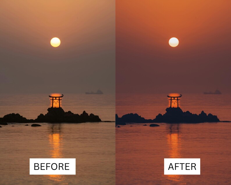 Puede incluir: Imagen comparativa de un atardecer sobre el oc&eacute;ano. La imagen 'antes' es m&aacute;s oscura, mientras que la imagen 'despu&eacute;s' es m&aacute;s brillante con una paleta de colores naranja y rojo vibrantes. Un torii japon&eacute;s se alza sobre una peque&ntilde;a isla.