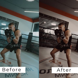 K&ouml;nnte beinhalten: Ein Boxer in einem schwarzen Tanktop und schwarzen Shorts mit einem Muay Thai-Logo trainiert in einem Boxring. Der Boxer tr&auml;gt schwarze Boxhandschuhe und befindet sich in einer Kampfhaltung.