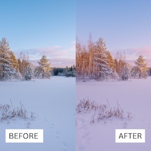 以下が含まれることがあります： 雪の降った冬の風景のビフォーアフター写真。ビフォーの写真は、明るい青い空と白い雪に覆われたフィールドを示しています。アフターの写真は、ピンクとブルーの空と、より鮮やかなカラーパレットを示しています。