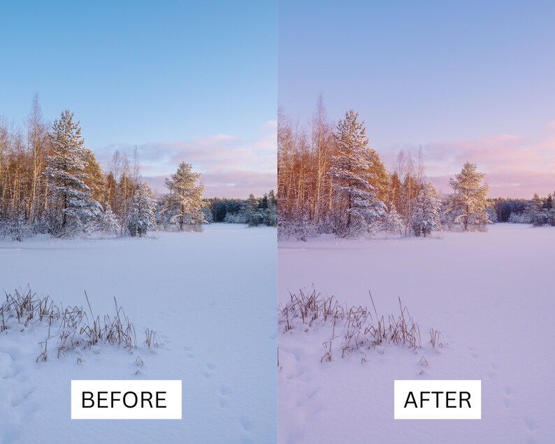 以下が含まれることがあります： 雪の降った冬の風景のビフォーアフター写真。ビフォーの写真は、明るい青い空と白い雪に覆われたフィールドを示しています。アフターの写真は、ピンクとブルーの空と、より鮮やかなカラーパレットを示しています。