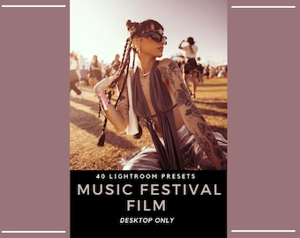 Pode incluir: Um produto digital com 40 predefinições do Lightroom intitulado Music Festival Film Desktop Only. A imagem mostra uma pessoa com cabelo trançado, óculos de sol, top escuro frente única e calças metálicas em um evento ao ar livre.