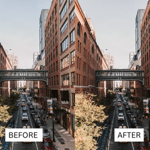 May include: A city street with a pedestrian bridge over a busy road. The buildings are brick and have a modern design. There are trees on either side of the street and cars driving down the road.