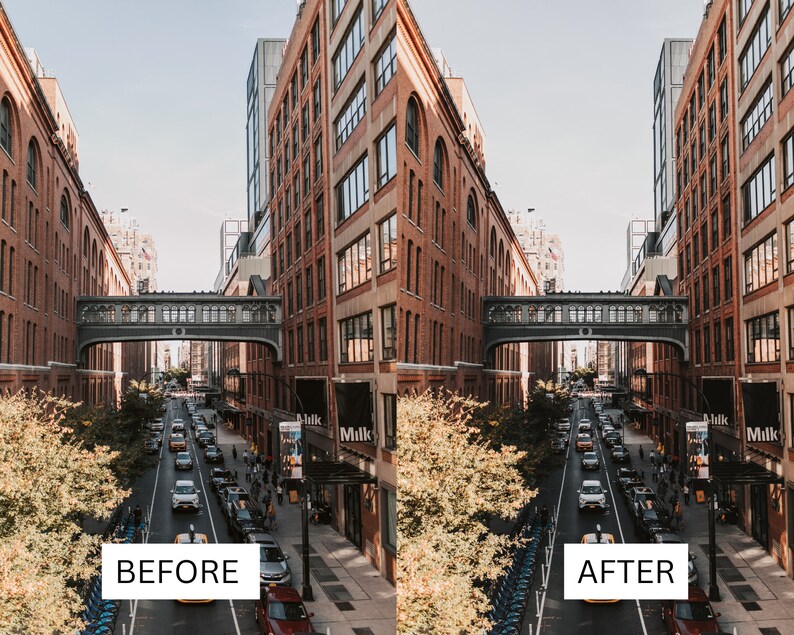 May include: A city street with a pedestrian bridge over a busy road. The buildings are brick and have a modern design. There are trees on either side of the street and cars driving down the road.