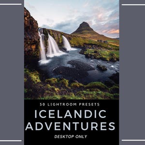 Puede incluir: Un listado de producto digital con una fotografía de paisaje del monte Kirkjufell y cascadas en Islandia. El texto dice 50 LIGHTROOM PRESETS ICELANDIC ADVENTURES DESKTOP ONLY en letras mayúsculas blancas sobre un fondo negro.