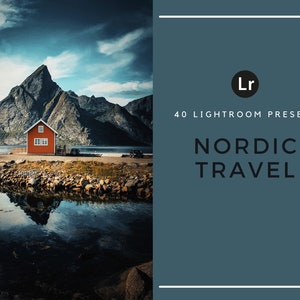 May include: An image of a scenic landscape with a red house near a mountain and water. The text on the right side says "40 Lightroom Presets" and "Nordic Travel". The sky is blue with clouds.