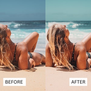 May include: A woman with long blonde hair lies on a sandy beach, wearing a black bikini top and black bikini bottoms. The ocean is in the background.