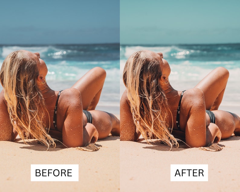 May include: A woman with long blonde hair lies on a sandy beach, wearing a black bikini top and black bikini bottoms. The ocean is in the background.