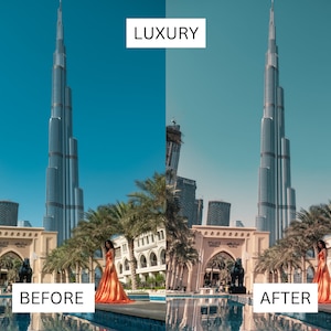 Puede incluir: Una mujer con un vestido naranja brillante se encuentra frente al Burj Khalifa en Dub&aacute;i. El edificio es alto y delgado, con una punta puntiaguda. La mujer sonr&iacute;e y mira a la c&aacute;mara. El cielo es azul y hay palmeras en el fondo.