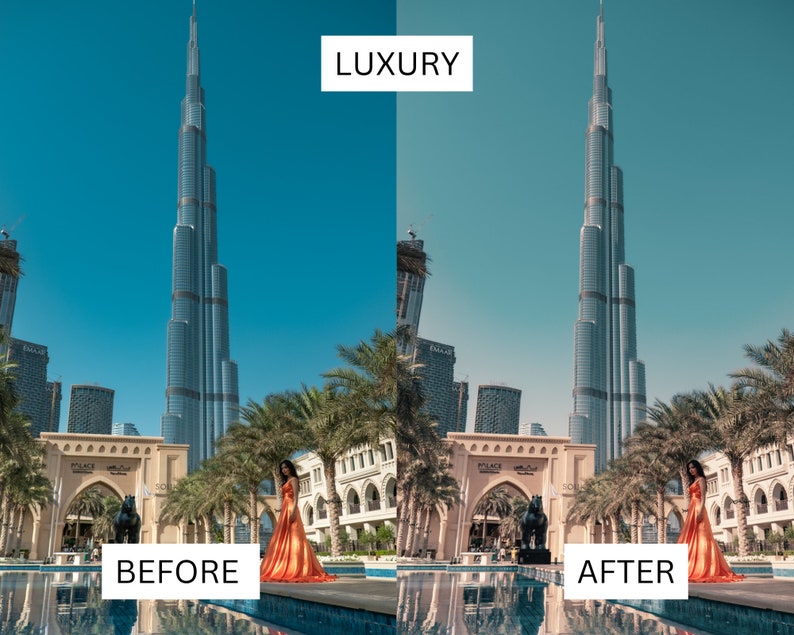 Puede incluir: Una mujer con un vestido naranja brillante se encuentra frente al Burj Khalifa en Dub&aacute;i. El edificio es alto y delgado, con una punta puntiaguda. La mujer sonr&iacute;e y mira a la c&aacute;mara. El cielo es azul y hay palmeras en el fondo.
