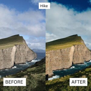 May include: Before and after photo of a hike with a view of a large cliff face and ocean. The before photo is a bit dull and the after photo has been edited to have more vibrant colors and contrast.