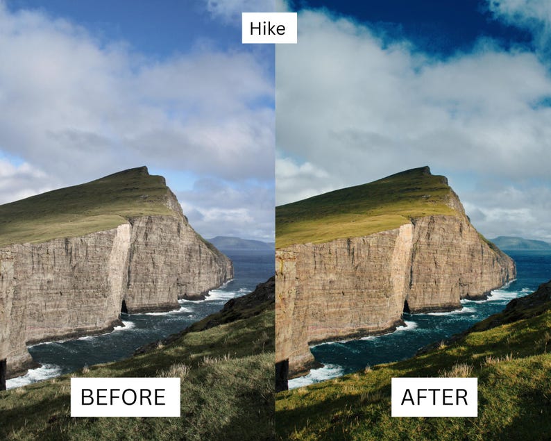 May include: Before and after photo of a hike with a view of a large cliff face and ocean. The before photo is a bit dull and the after photo has been edited to have more vibrant colors and contrast.