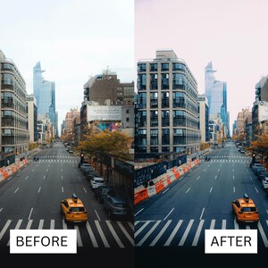 Puede incluir: Imagen comparativa de una escena de calle urbana antes y despu&eacute;s. La imagen "Antes" muestra una calle con taxis amarillos, coches y edificios. La imagen "Despu&eacute;s" muestra la misma escena con una paleta de colores diferente. Los textos "ANTES" y "DESPU&Eacute;S" se muestran.