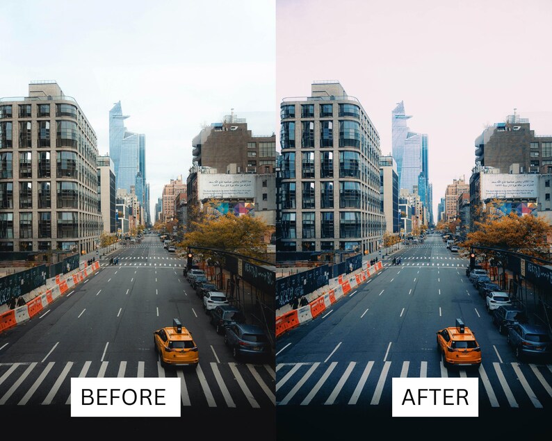 Puede incluir: Imagen comparativa de una escena de calle urbana antes y despu&eacute;s. La imagen "Antes" muestra una calle con taxis amarillos, coches y edificios. La imagen "Despu&eacute;s" muestra la misma escena con una paleta de colores diferente. Los textos "ANTES" y "DESPU&Eacute;S" se muestran.