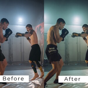 K&ouml;nnte beinhalten: Zwei M&auml;nner in schwarzen Shorts und Boxhandschuhen trainieren Boxen in einem Fitnessstudio. Der Mann links schl&auml;gt zu, w&auml;hrend der Mann rechts den Schlag blockt.