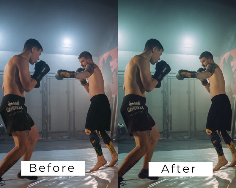K&ouml;nnte beinhalten: Zwei M&auml;nner in schwarzen Shorts und Boxhandschuhen trainieren Boxen in einem Fitnessstudio. Der Mann links schl&auml;gt zu, w&auml;hrend der Mann rechts den Schlag blockt.