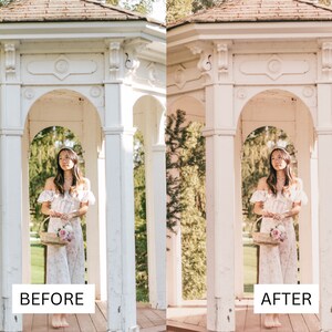May include: A woman stands inside a white gazebo, holding a basket of flowers. She wears a floral print dress. The image is split, with "BEFORE" and "AFTER" text at the bottom, showcasing a photo editing comparison.