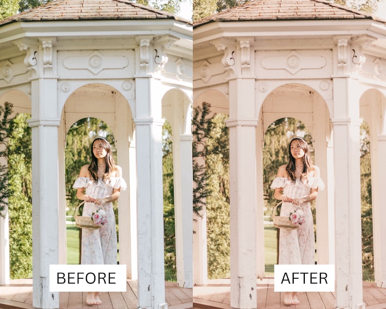 May include: A woman stands inside a white gazebo, holding a basket of flowers. She wears a floral print dress. The image is split, with "BEFORE" and "AFTER" text at the bottom, showcasing a photo editing comparison.