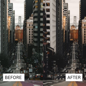 May include: A before and after image showing the difference in colour and contrast of a city street scene. The image on the left is a lighter, more washed-out version of the image on the right, which has been edited to have deeper shadows and more vibrant colours.