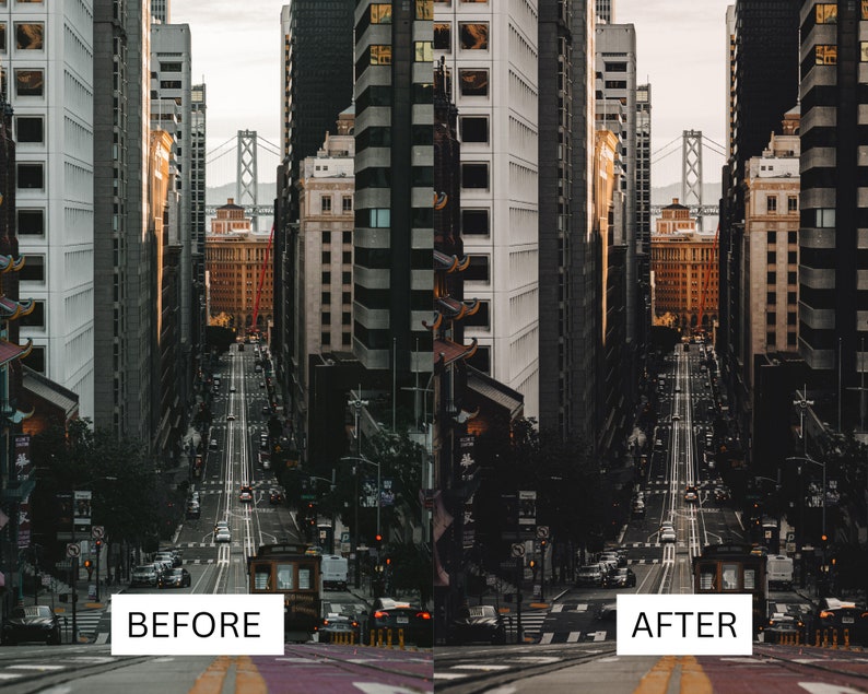May include: A before and after image showing the difference in colour and contrast of a city street scene. The image on the left is a lighter, more washed-out version of the image on the right, which has been edited to have deeper shadows and more vibrant colours.