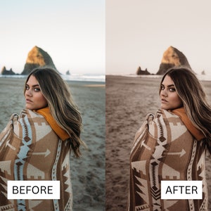 May include: A woman wearing a brown and white patterned blanket with a yellow hooded sweater stands on a beach with a large rock formation in the background. The image is split into two sections, with the left side showing the original image and the right side showing the edited image. The text "BEFORE" is below the left image and the text "AFTER" is below the right image.