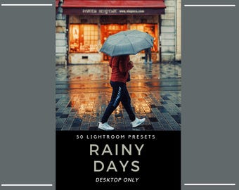 May include: A digital product advertisement featuring a person walking in the rain with a dark umbrella, wearing a red jacket, dark pants, and white sneakers. The text reads 50 LIGHTROOM PRESETS RAINY DAYS DESKTOP ONLY on a black background.