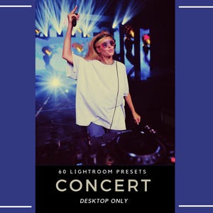 Peut inclure: Un produit numérique comprenant 60 préréglages Lightroom intitulé CONCERT DESKTOP ONLY. L'image montre une personne portant un t-shirt blanc, des lunettes de soleil teintées de rose et un casque, derrière une console DJ dans une salle de concert bleue.