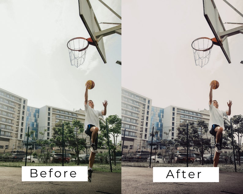 Op de afbeelding: Een persoon in een wit shirt en zwarte broek springt om een basketbal in een basket te schieten op een buitenbasketbalveld. Het veld is omgeven door gebouwen en bomen.