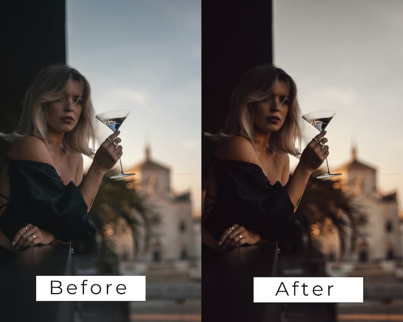 Op de afbeelding: Een vrouw in een zwart topje met blote schouders houdt een martini-glas vast met een heldere vloeistof. Ze staat voor een raam met een wazige achtergrond van een straat in de stad.