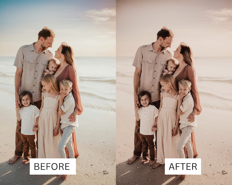 May include: A family of seven poses on a sandy beach at sunset. The parents are standing in the center, with their five children in front of them. The family is wearing casual clothing, and the children are smiling.