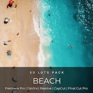 May include: An aerial view of a sandy beach with colorful umbrellas and people swimming in turquoise water. The text reads 50 LUTS PACK BEACH Premiere Pro | DaVinci Resolve | CapCut | Final Cut Pro, displayed over a dark gradient overlay.