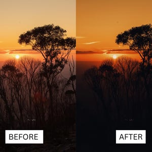 Puede incluir: Una imagen dividida que muestra un paisaje antes y despu&eacute;s de la edici&oacute;n de fotos. La imagen "ANTES" muestra una vibrante puesta de sol con un cielo naranja brillante, un sol visible y &aacute;rboles silueteados. La imagen "DESPU&Eacute;S" muestra la misma escena, pero m&aacute;s oscura.