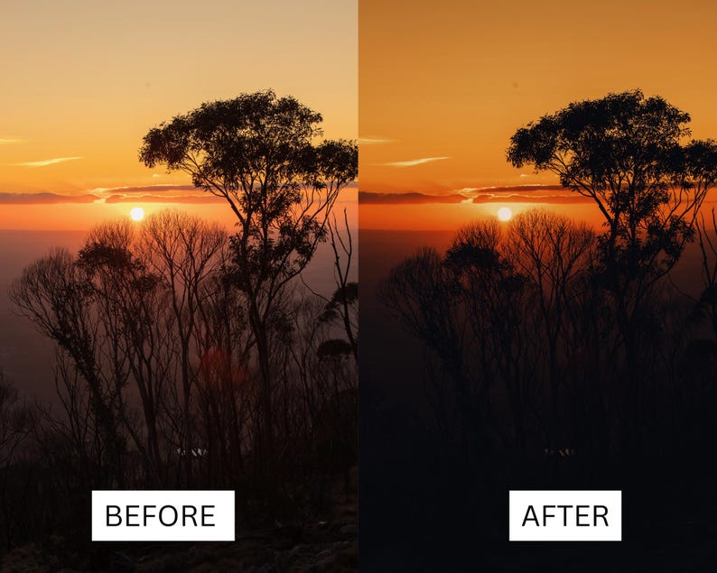 Puede incluir: Una imagen dividida que muestra un paisaje antes y despu&eacute;s de la edici&oacute;n de fotos. La imagen "ANTES" muestra una vibrante puesta de sol con un cielo naranja brillante, un sol visible y &aacute;rboles silueteados. La imagen "DESPU&Eacute;S" muestra la misma escena, pero m&aacute;s oscura.