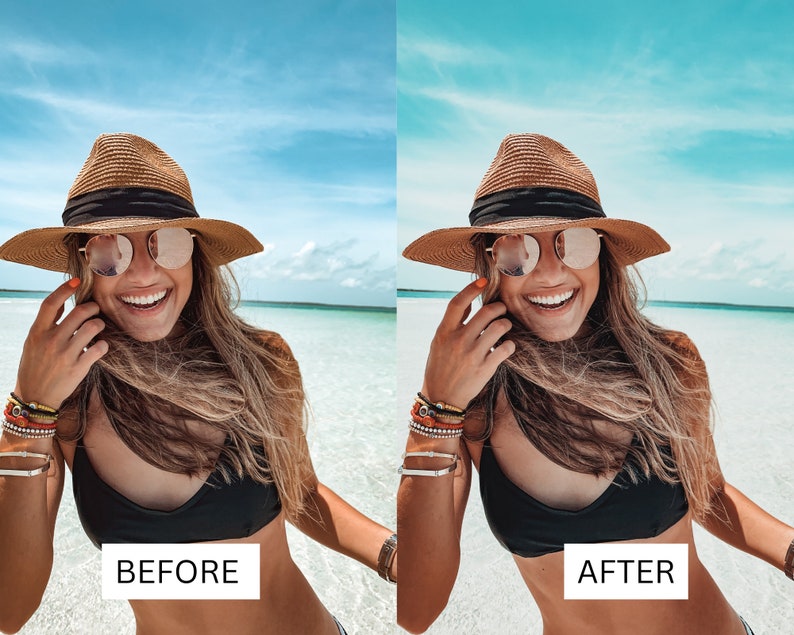 May include: A woman wearing a brown straw hat with a black band, sunglasses, and a black bikini top smiles at the camera while standing in shallow water. The water is a bright turquoise color and the sky is blue with white clouds.