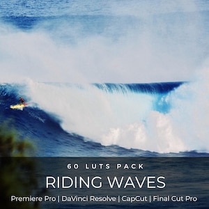 May include: A surfer rides a large, curling ocean wave. The wave is a deep blue, with white foam and spray. The text "RIDING WAVES" is displayed at the bottom, along with "60 LUTS PACK" and software names.
