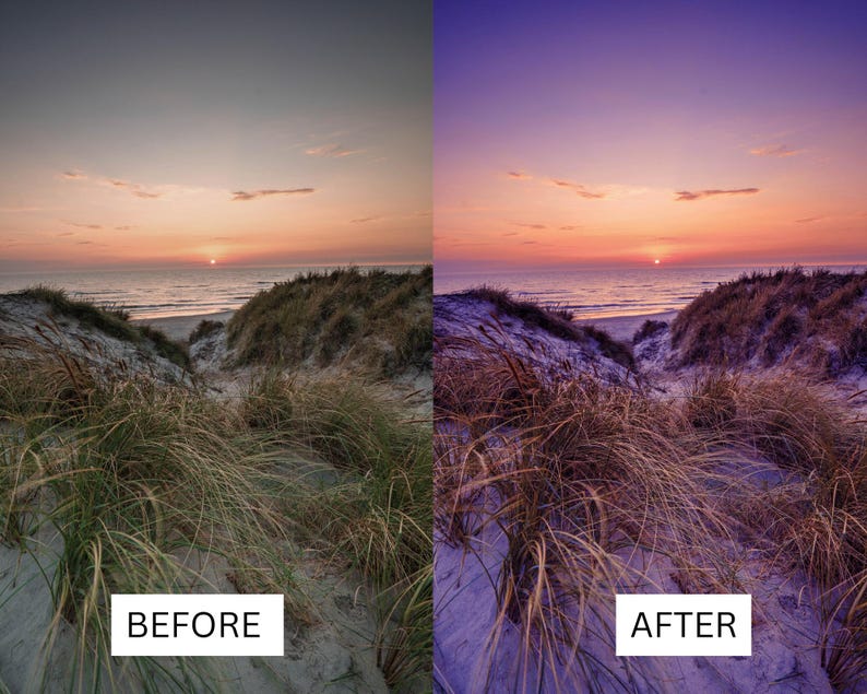 50 paarse zonsondergang LUT's | Dusk Beach Cinematische kleurgradatie voor Premiere Pro, CapCut en DaVinci Resolve | LUT-pakket kustlandschap afbeelding 14