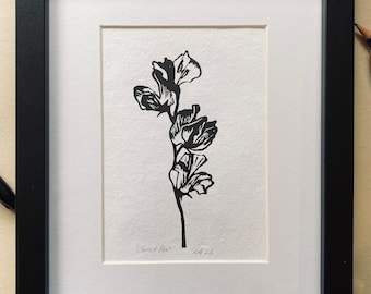 April Sweet Pea handmade linocut print