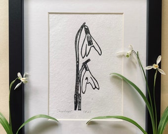 January Snowdrops handmade linocut print