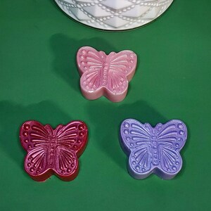 May include: Three butterfly-shaped wax melts in pink, purple, and red. The wax melts are on a green surface.
