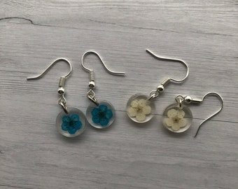 Dainty flower earrings | real pressed flowers | blue or white flower earrings on a silver hook |