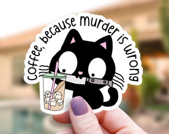 Angry Cat Iced Coffee Sticker, Funny Black Cat Decal, Sarcastic Caffeine Humor, Cat Lover Gift, Laptop Water Bottle Accessory, Vinyl Art